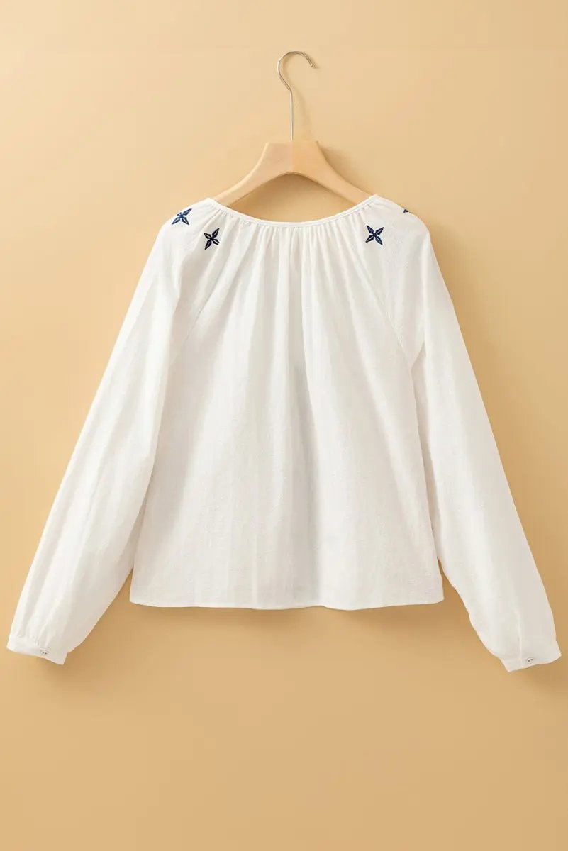 White Geometric Embroidered Long Sleeve Blouse for Women - Love Salve